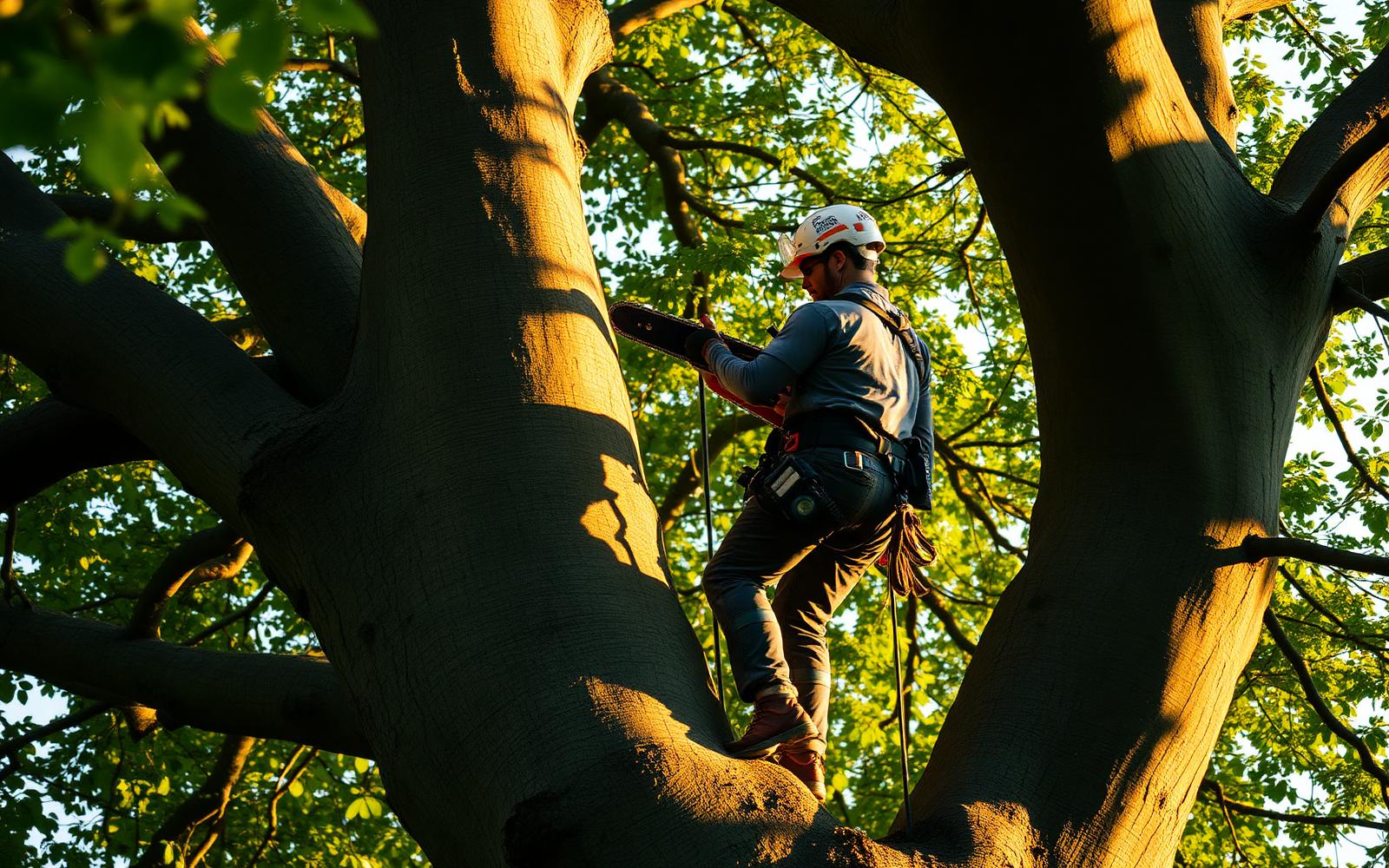 Élagueur professionnel en cours de taille dans un grand arbre