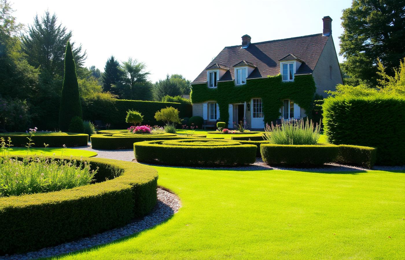 Jardin paysager entretenu devant une maison en pierre du Quercy